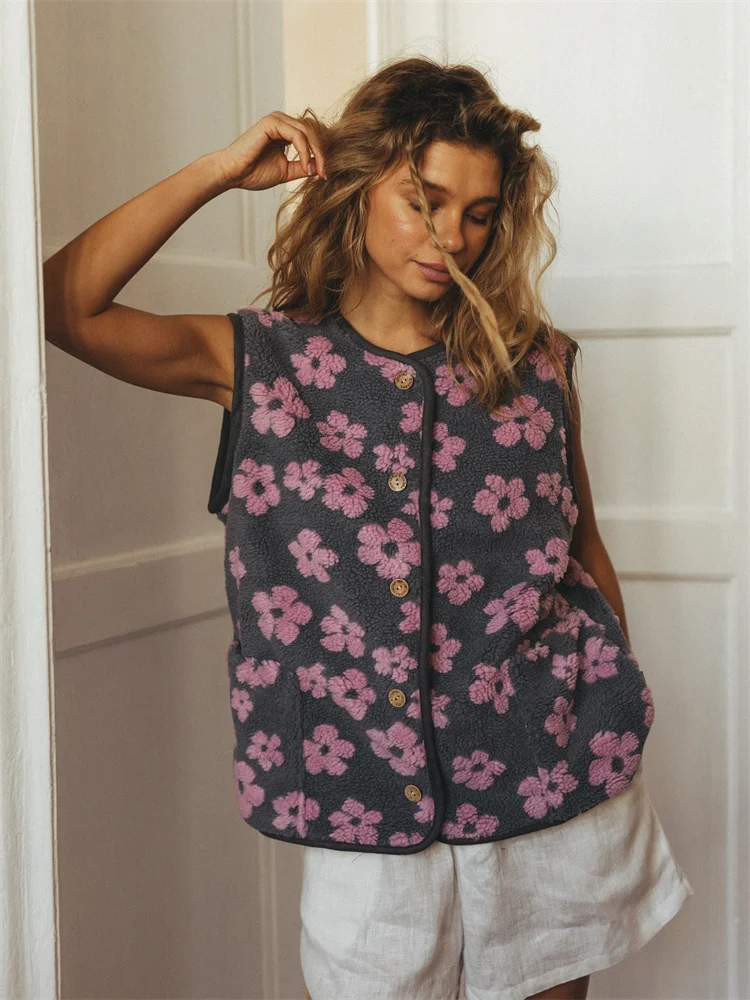 

Женский жилет в стиле пэчворк с цветочным принтом, элегантное флисовое однобортное пальто с круглым вырезом и карманами, женское пальто с длинными рукавами, осень 2021, женская уличная одежда