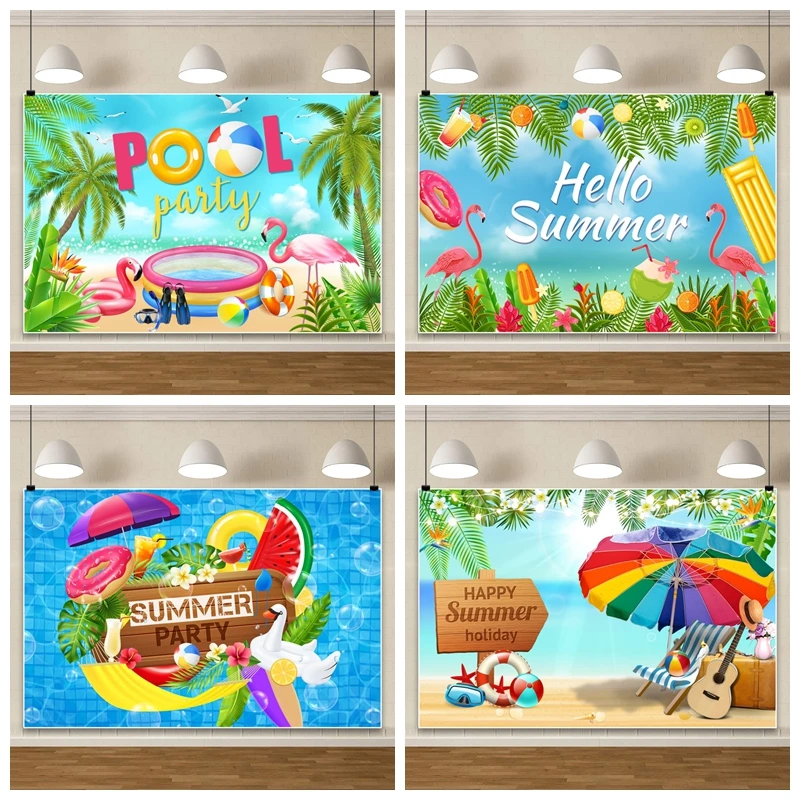 الصيف الاستوائية شاطئ بركة التصوير خلفية فلامنغو مظلة العائمة دائرة شجرة النخيل العلامة التجارية جوز الهند خلفية التصوير الفوتوغرافي