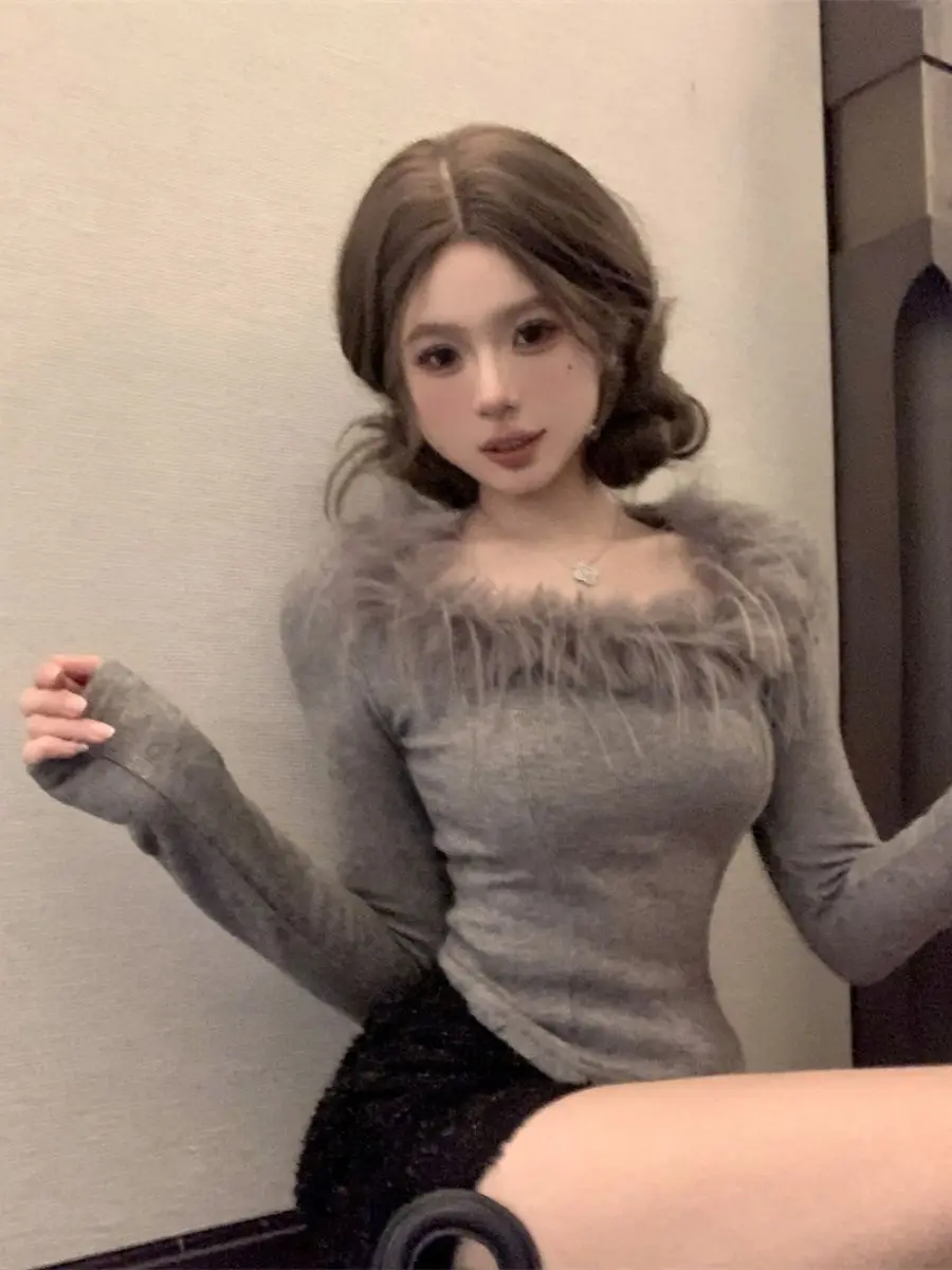 Furry Collar Patchwork Long Sleeve T-shirt Women Autumn Winter Slim Waist Base Crop Top Y2k Aesthetic Spicy Girl Tees