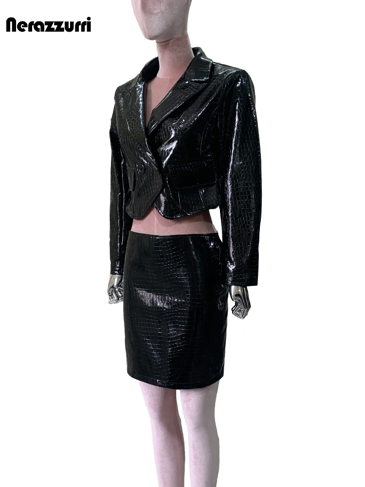 

Nerazzurri Spring Autumn Short Shiny Reflective Black Crocodile Print Faux Leather Mini Skirt Women High Waist Elegant Clothing