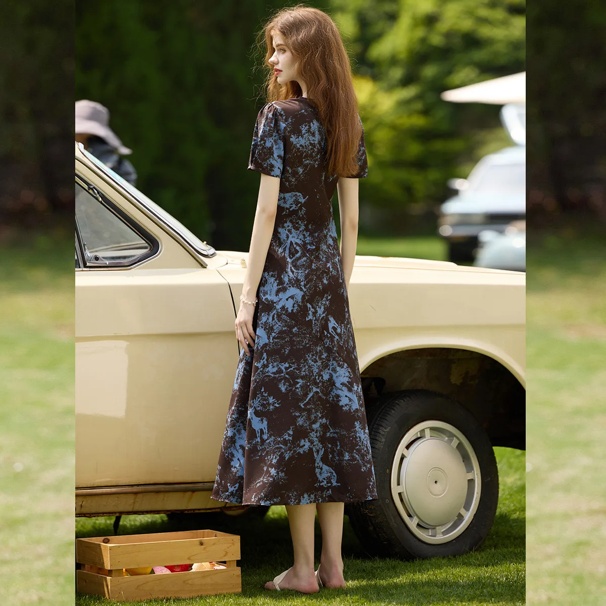 LOUIS YAO Color Blocking Floral Printed Dress 2025 Summer New Non Elastic Round Neck Short Sleeve A-line Long Women's Dress