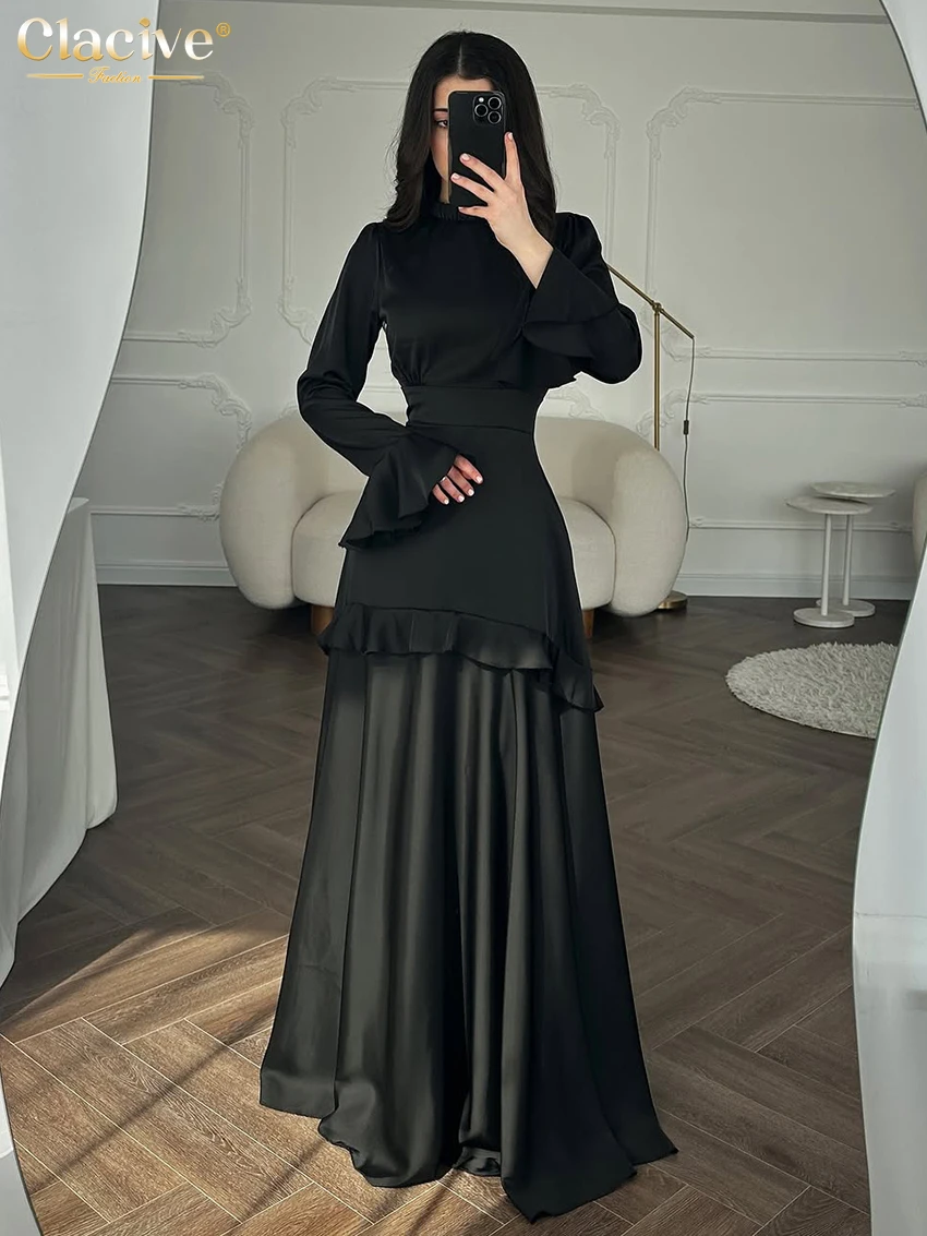 

Clacive Fashion Loose Black Patchwork Women's Dress 2026 Casual O-Neck Long Sleeve Maxi Dresses Elegant Classic Female Dress