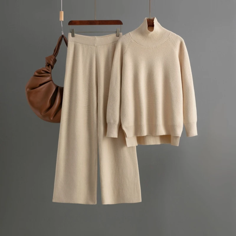 Fashion Suit 2026 Autumn Winter New Item Solid Color Casual Knitted Wide Leg Pants High Neck Sweater Slit Two-piece Set