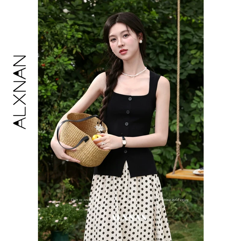 

ALXNAN Black Square Neck Tank Tops Women Summer New Holiday Beach Sleeveless Tops Casual Elegant Fashion Female Tanks L63732