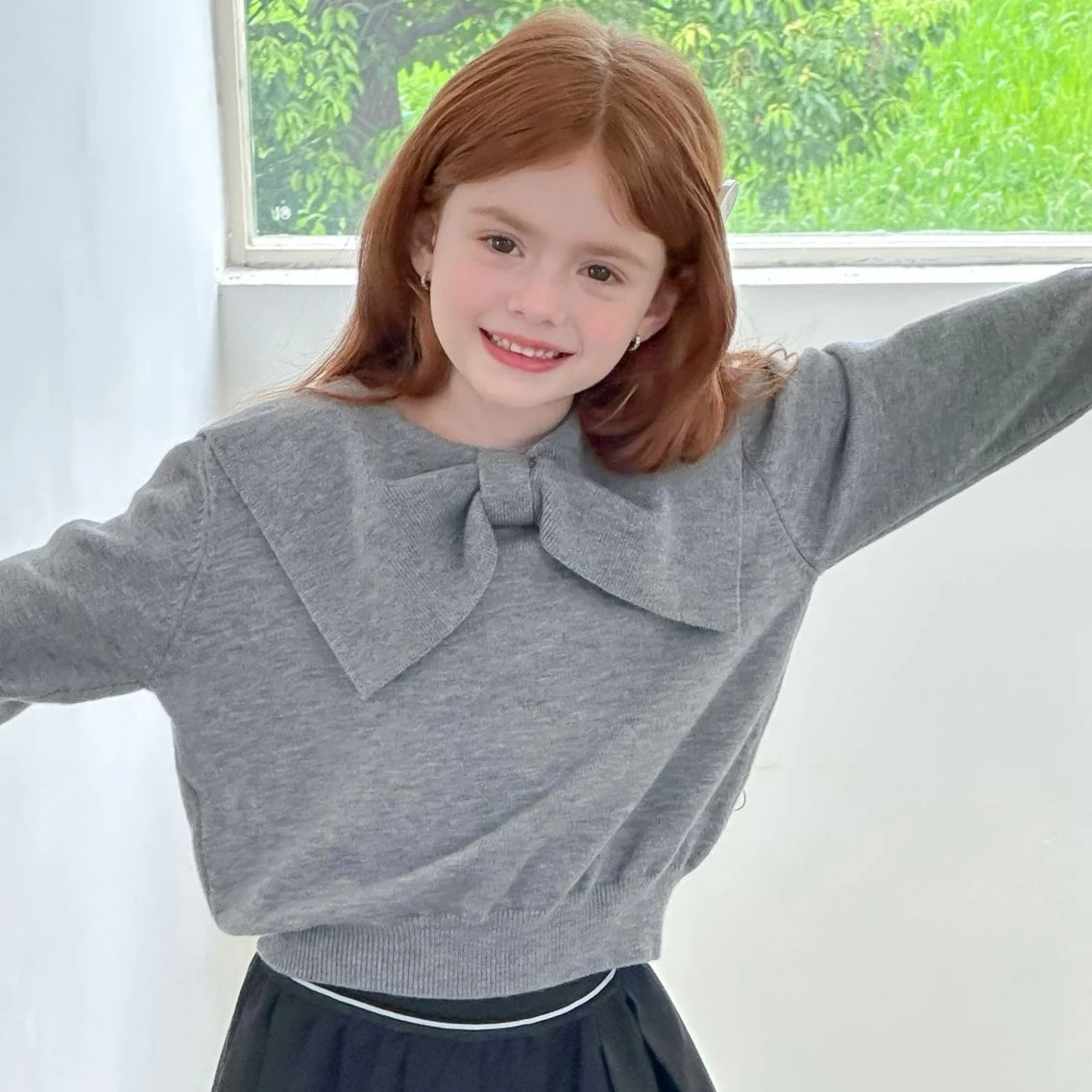 

Girls Sweater 2025 Autumn New Children's Clothing Korean Style Girl Baby Fashion Solid Color Bow Sweater Casual Simple Daily