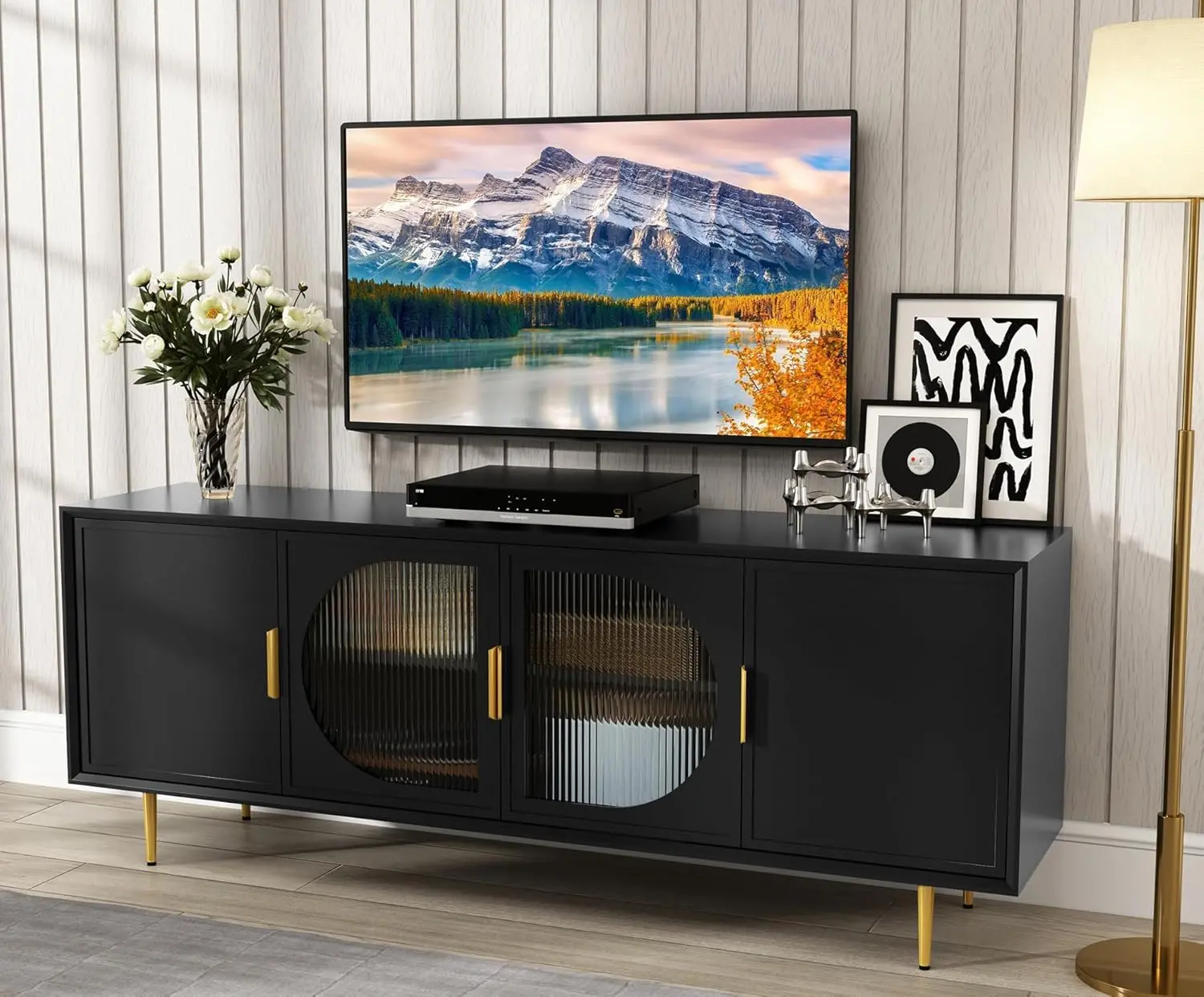 ARTPOWER Modern TV Stand for 70 inch TV, Black TV Console with 4 Glass Doors, Entertainment Center with Storage Cabinet, Wood