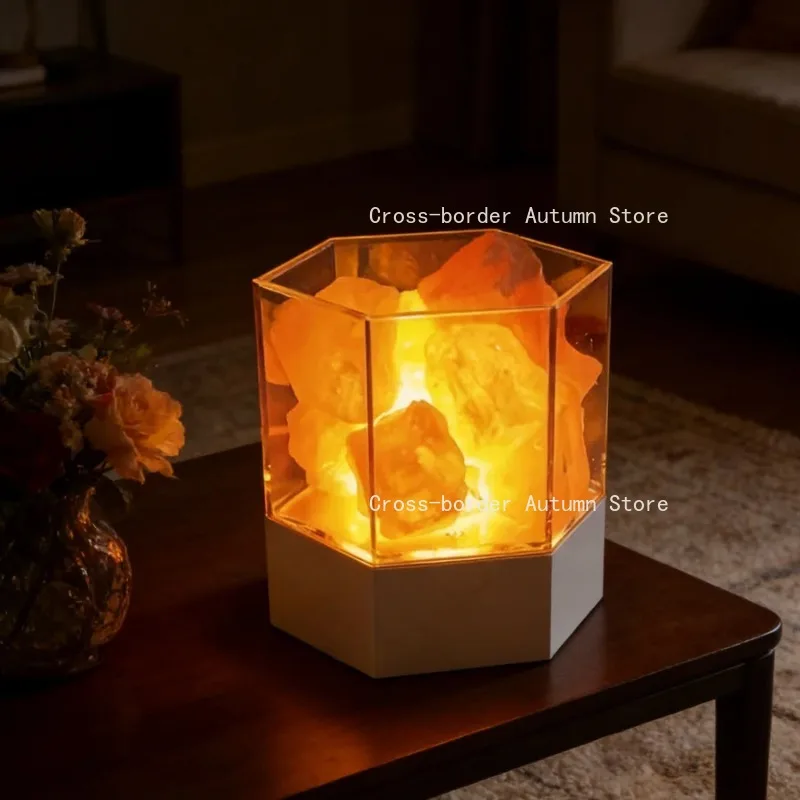 1PC Realistic Fireplace Effect Desk Lamp, Acrylic Cover & Salt Stone Decorative Night Light for Bedroom Living Room