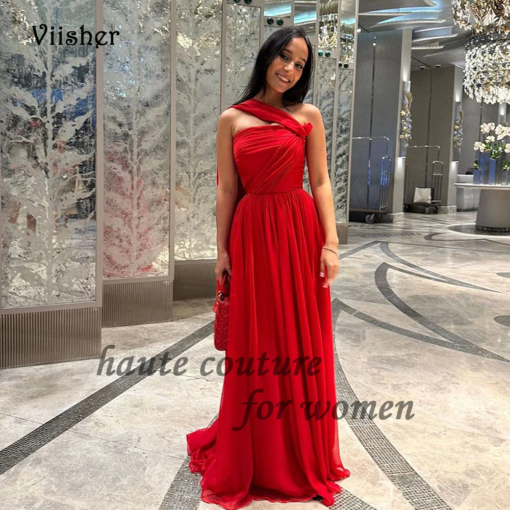 

Red Chiffon Evening Dresses One Shoulder A Line Loose Fit Arabian Dubai Prom Formal Dress with Train Long Wedding Guest Gowns