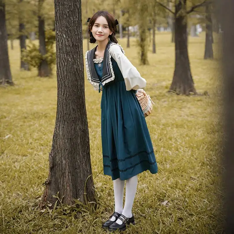 

Sweet Girly Lolita Dress Women Patchwork Long Sleeve Dress Retro Court Style Navy Collar Spring Autumn Mori Girl Robe