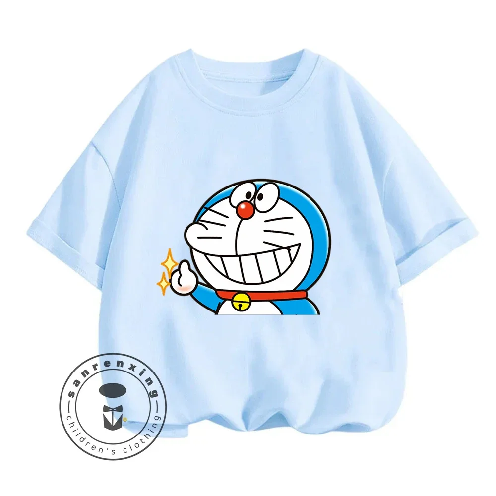 Cute Kid's Tops Ideal for Summer Soft and Sweat-Absorbent Doraemon T-Shirts with Cartoon Animation Comfy Wear and Elegant Prints