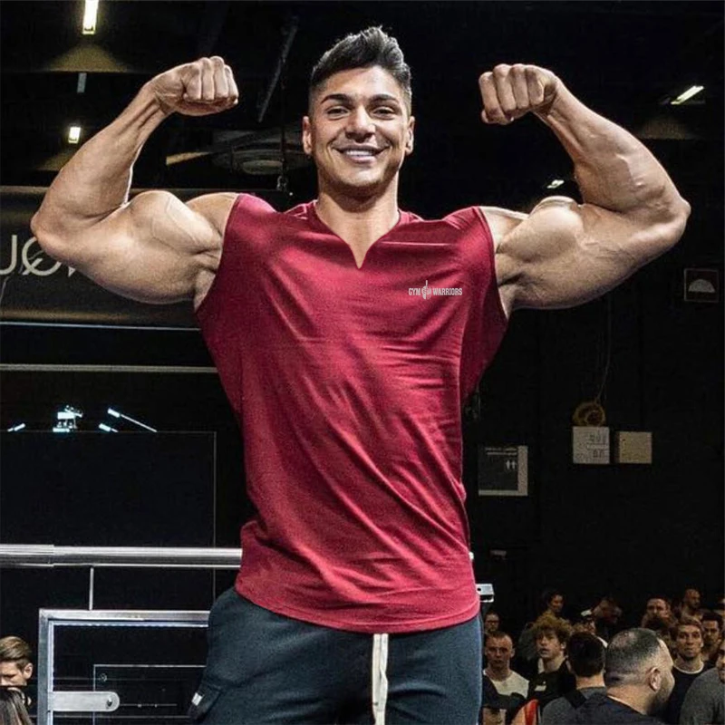 Summer Cotton Breathable V-Neck Sleeveless Tank Tops Mens Casual Sport T-Shirts Gym Fitness Muscle Bodybuilding Running Singlets