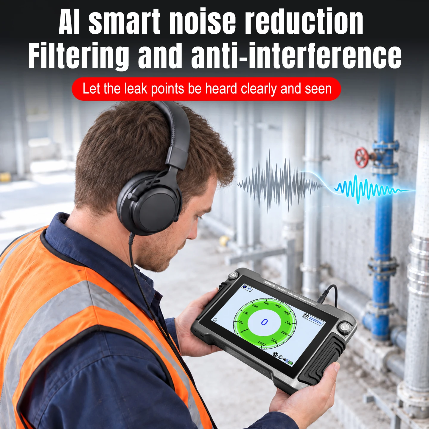 SNAKOL SK-662A Indoor Water Pipe Leak Detector, 7.2V 5000mAh Pipeline Leak Locator with Headphones Listening Rod Cloth Bag Kit