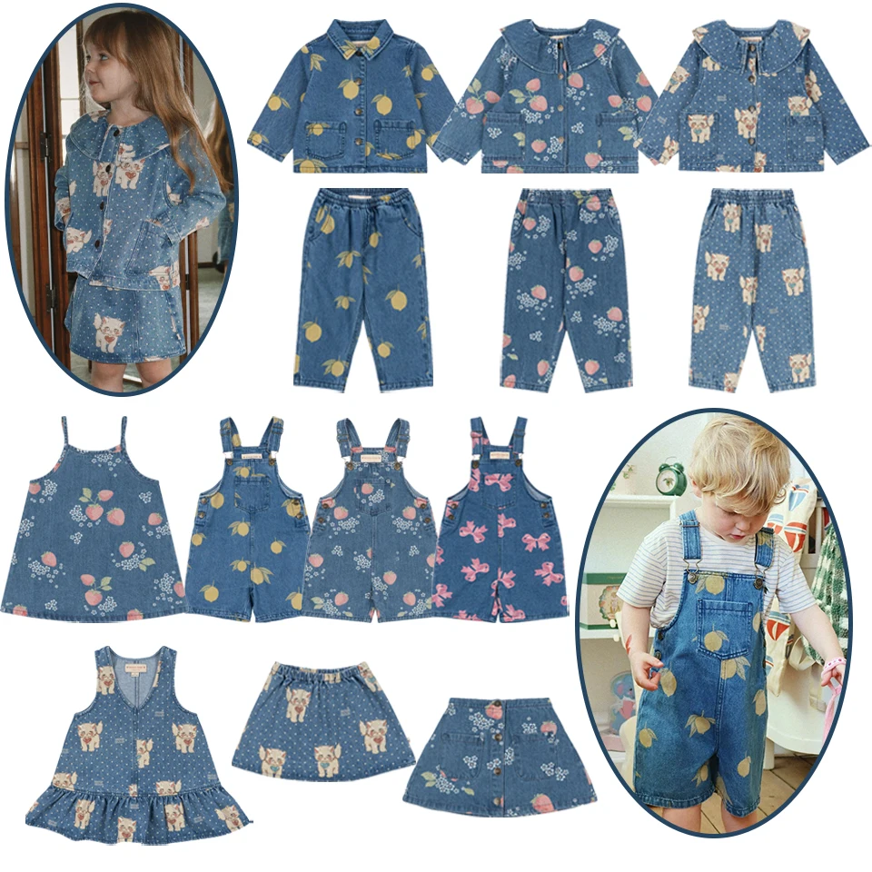 26 KS Toddler Kid Denim Clothes Set Boys Lemon Denim Jacket Jeans Girls Cats Print Overalls Dress Children Jean Pants Outerwear