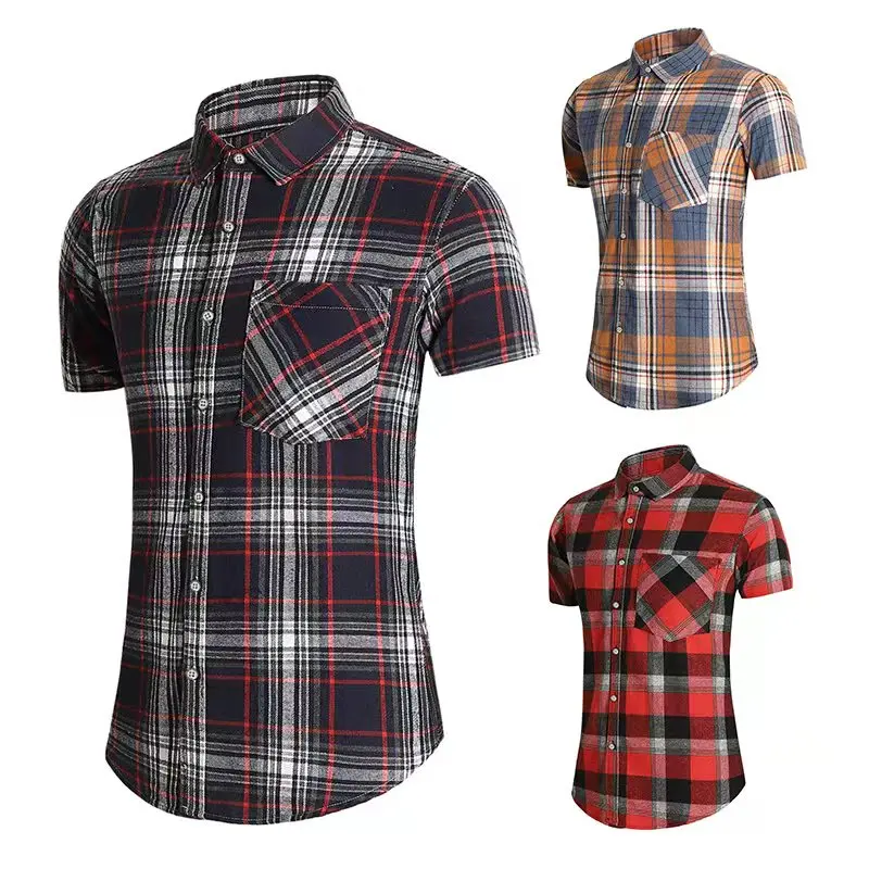

Summer 2023 Men's Casual irt ort Sve Plaid plus Size Youth Leisure Polyester Cotton Blend Four Seasons Stand Fit