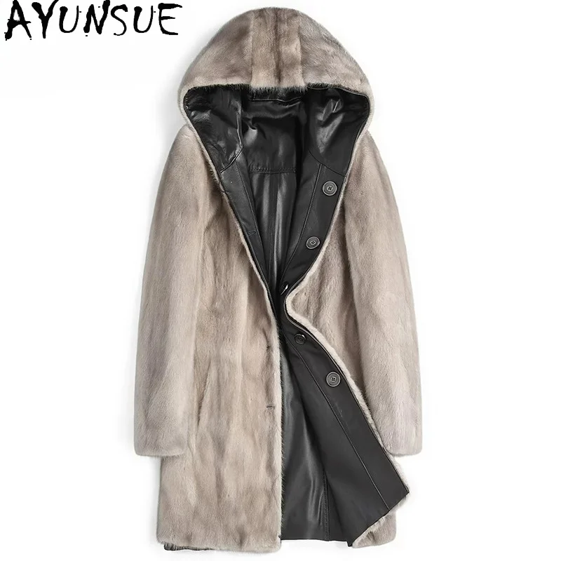 

AYUNSUE Luxury Whole Mink Real Fur Coat Man Winter 100%Natural Cowhide Genuine Leather Jacket Men Reversible Warm Fur Coats Hood