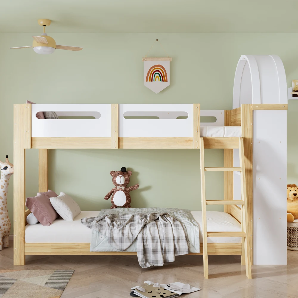 Kinder-Etagenbett mit 3-stufigem Regal, 3-stufiger Leiter und Sicherheitsgitter – stabile Lattenrostkonstruktion, geeignet für Kinderzimmer (ohne Matratze). – Detail 5