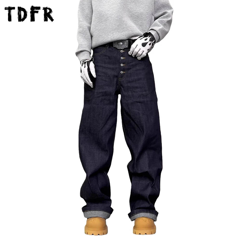 Single Breasted Raw Jeans Mens Pocket Solid Color Retro Cargo Baggy Straight-leg Denim Pants Man Trousers