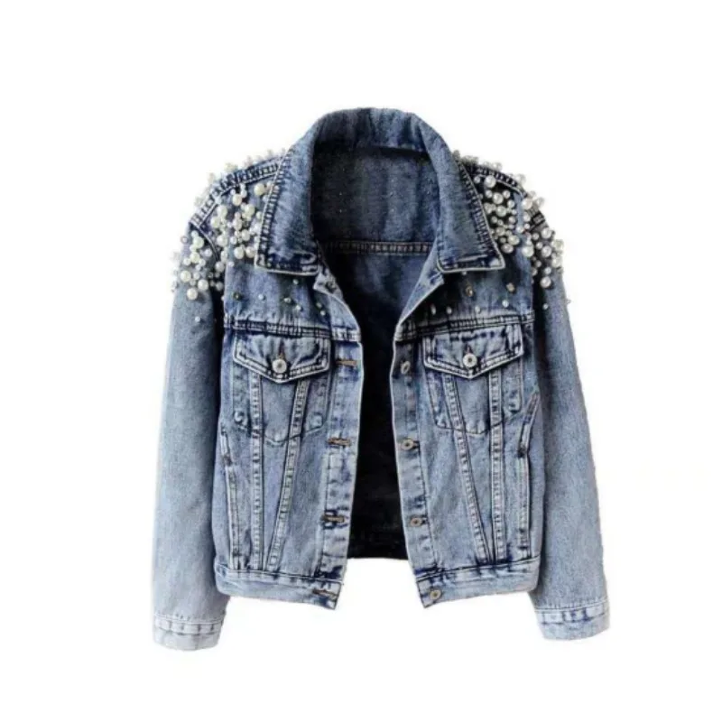 Spring and Autumn New Heavy-duty Beaded Denim Jacket Women Short Long-sleeved Fashionable Foreign Trade Large Pearl Denim Jacket