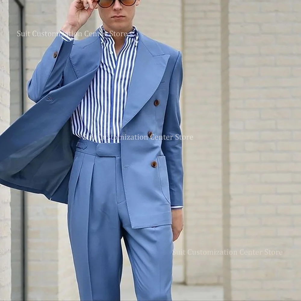 

Casual England Style Suits For Men Double Breasted Peak Lapel Loose 2 Piece Street Photo Traveling Men Clothing Jacket Pants