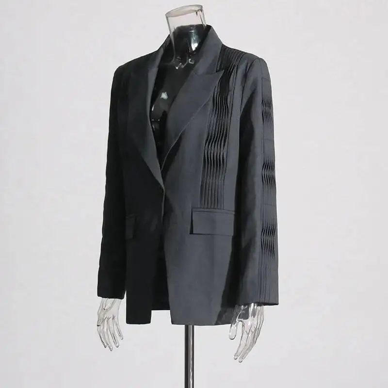 HKSH Women Blazer Turn-down Collar Single Button Pleated High-end Elegant Fashion Jacket Office Lady Ins Coat New Spring HK11499
