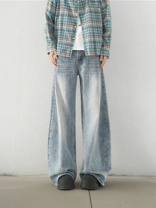 

Retro Korean Style Men's Jeans Summer Loose Straight Leg High Waist Denim Pants Drapey Floor-Length Casual Trousers