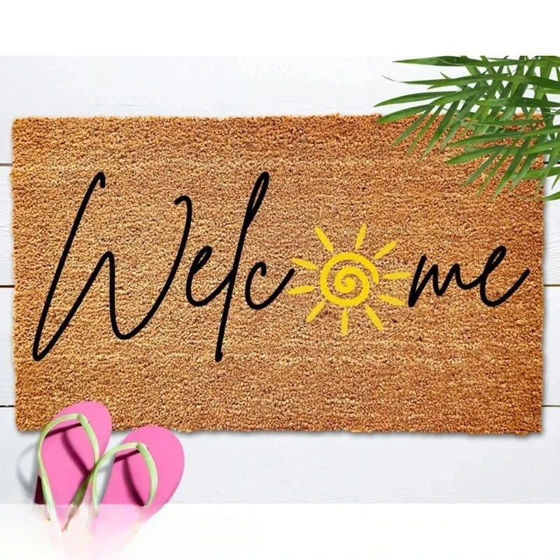 Welcome Sun Motif Area Rug Handwritten Script Letter Art Print Cheerful Entry Graphic Rug for Living Room Bedroom Home Space