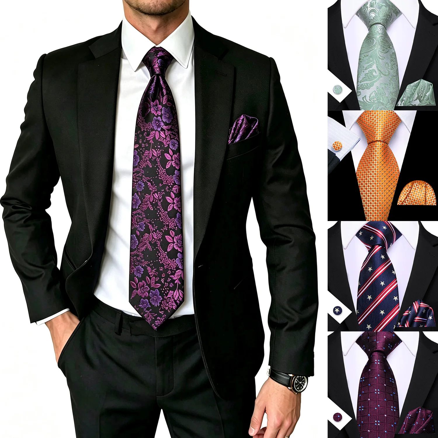 Floral Star Plaid Mens Tie Set 3 Piece, Necktie Pocket Square Cufflinks For Party Business