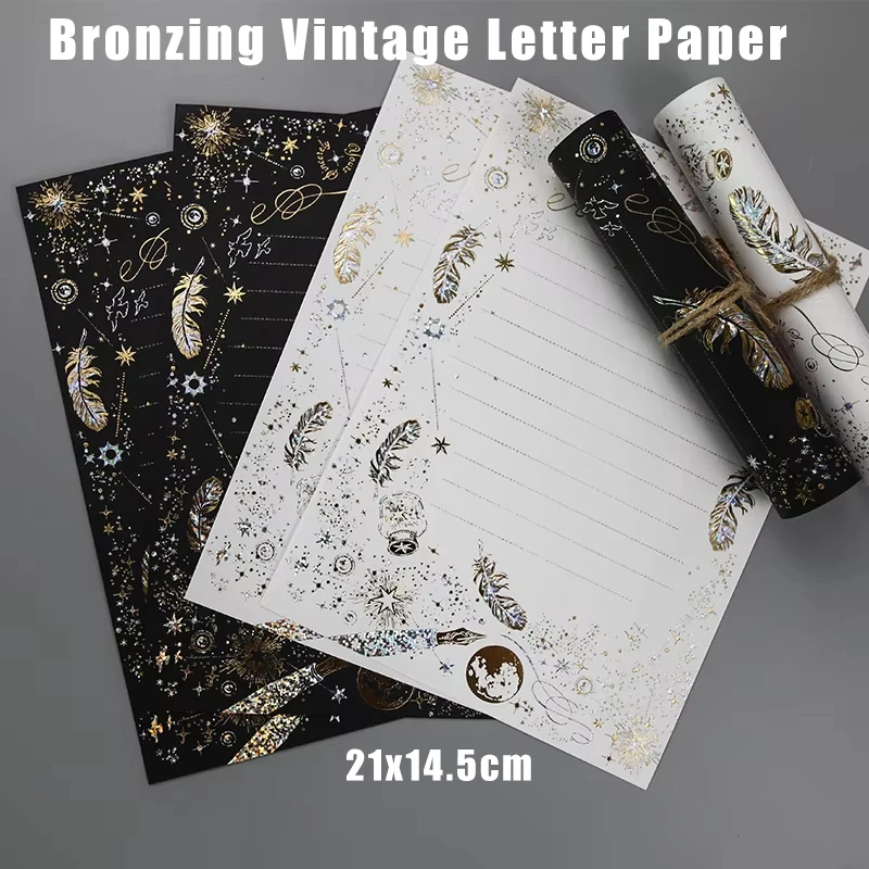 21x14.5cm Black White Feather Letter Paper 8pcs Vintage Bronzing Letter Paper School Stationery Invitation Wedding Party Card