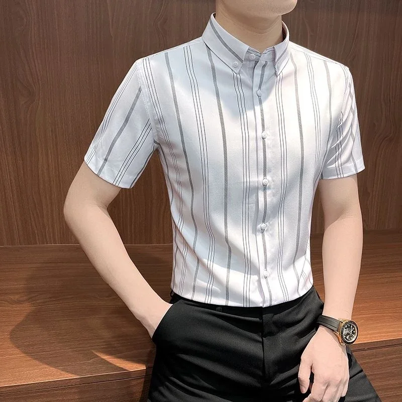 Men Business Casual Summer Thin Vertical Striped Shirts Button Down Lapel Short Sleeve Versatile Tops