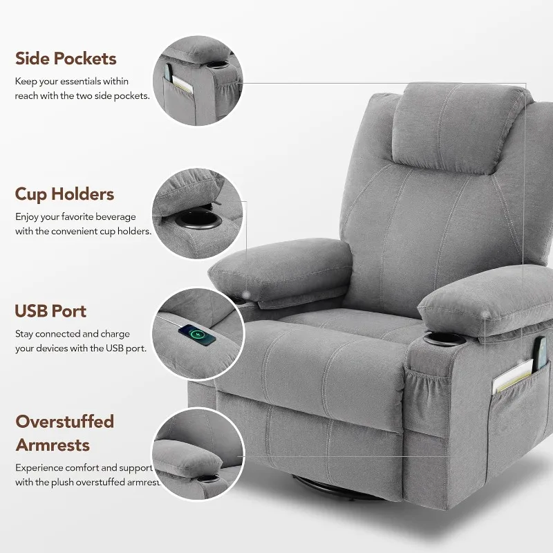 Swivel Rocker Recliner Chair with Heat and Massage, 360 Degree Swivel Rocking Single Sofa with Cup Holders and USB Port