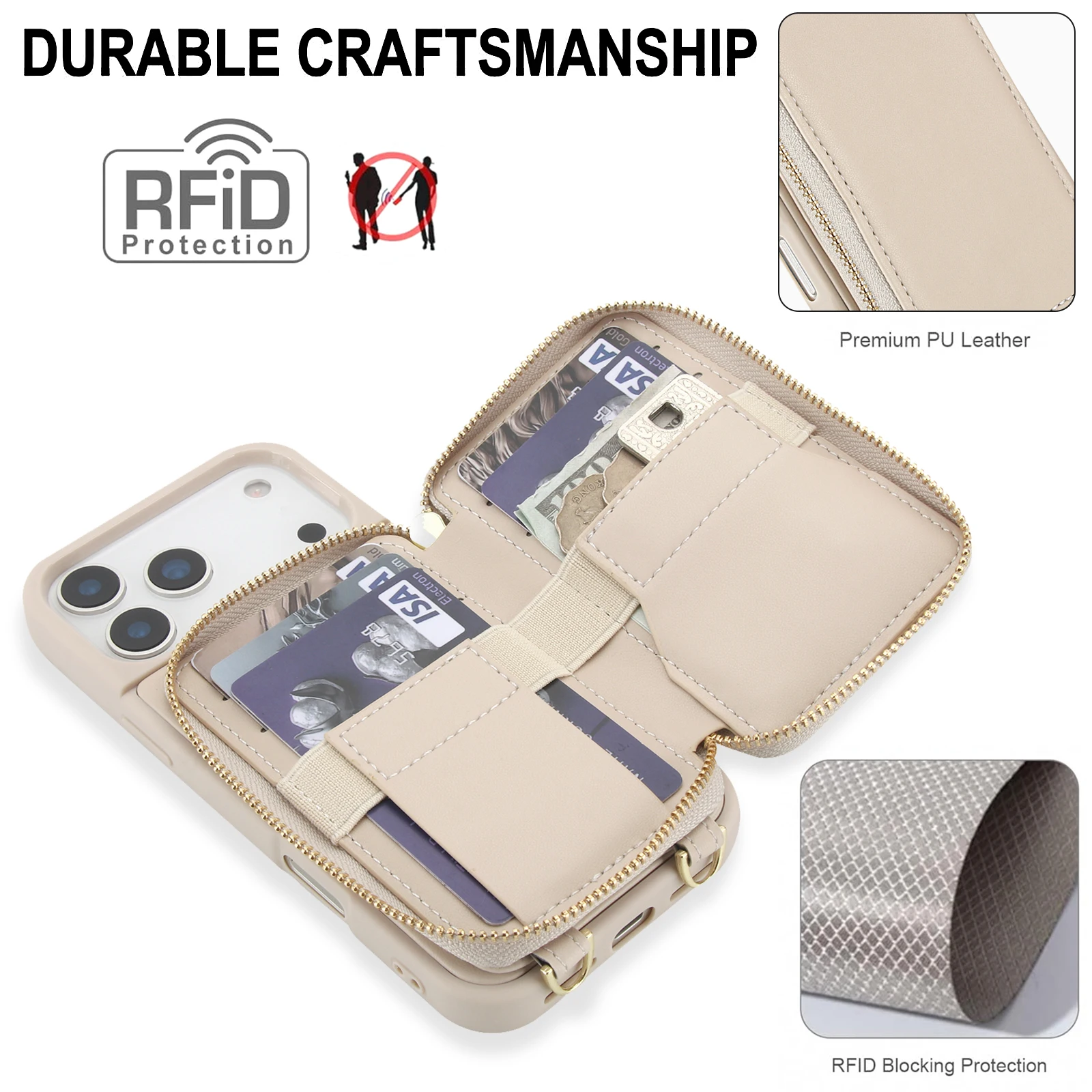 Etui na telefon z klapką, skórzane, z przegródką na karty, zapinane na zamek, do noszenia na ramieniu, z kieszenią RFID i paskiem, do iPhone 17 Pro Max 16 Plus 15 14 13 12 11 — zdjęcie produktu 6