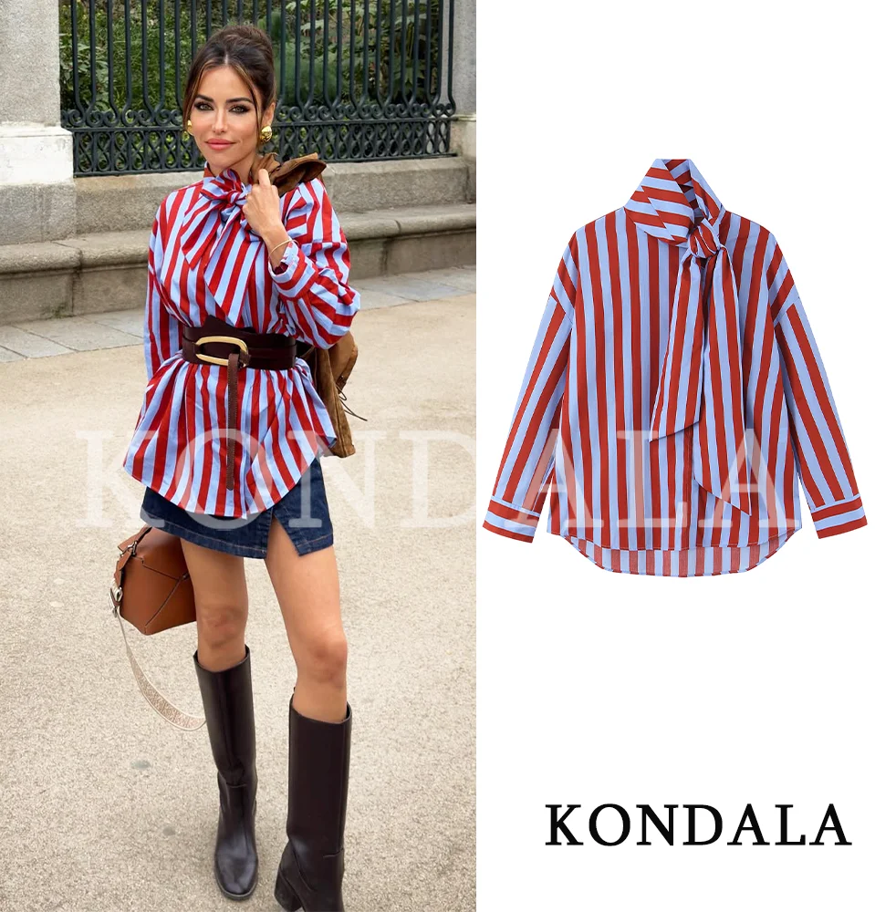 KONDALA Damen Trendige Gestreifte Schleifenblusen 2026 Neue Frühling-Sommer-Kollektion für Feiertage und Musikfestivals Vintage-Shirts Lässige Weite Damenblusen