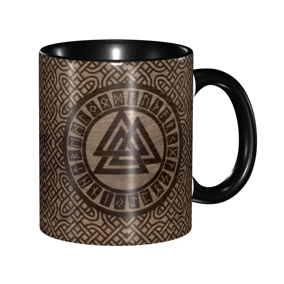 Valknut Symbol And Runes On Wood Mugs Customized Norse Viking Odin Ceramic Coffee Mug Cup Creative Gift