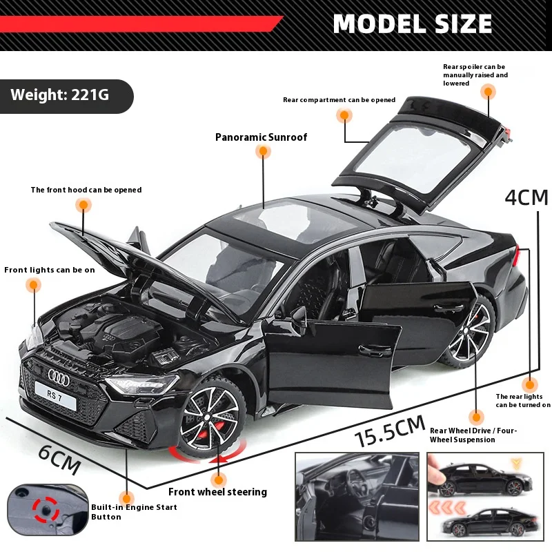 1/32 escala rs7 modelo de carro brinquedo liga diecast alta simulação com som e luz puxar para trás veículos brinquedos para crianças presentes natal
