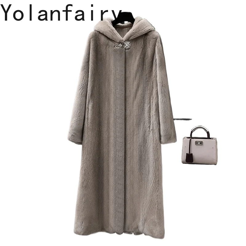 YOLANFAIRY Whole Mink Real Fur Coat with Hood Winter Luxury 2025 Mid-length Natural Mink Fur Coats for Woman Grey Fur Jacket