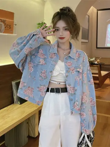 레트로 로즈 프린트 짧은 데님 재킷 루즈 캐주얼 여성 탑 봄 여름 오픈 카디건 셔츠 여성 통근 스타일 패션