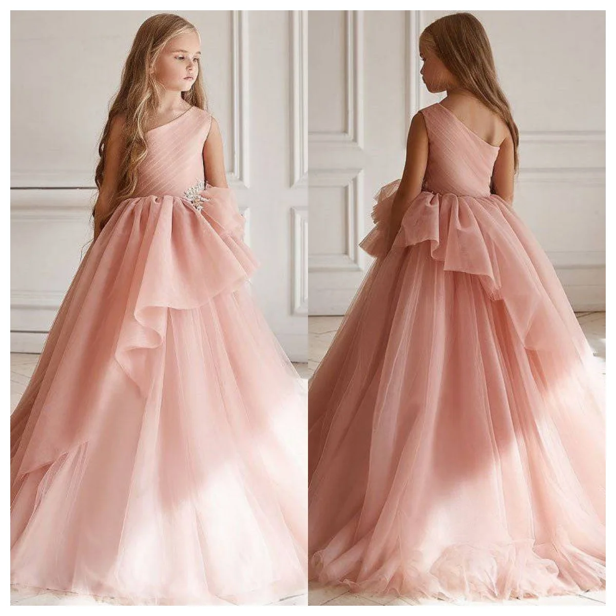 Girls One Shoulder Pink Tulle First Communion Dress Multi-layered Ruffled Diamond Flower Girl Dress Birthday Party Princess