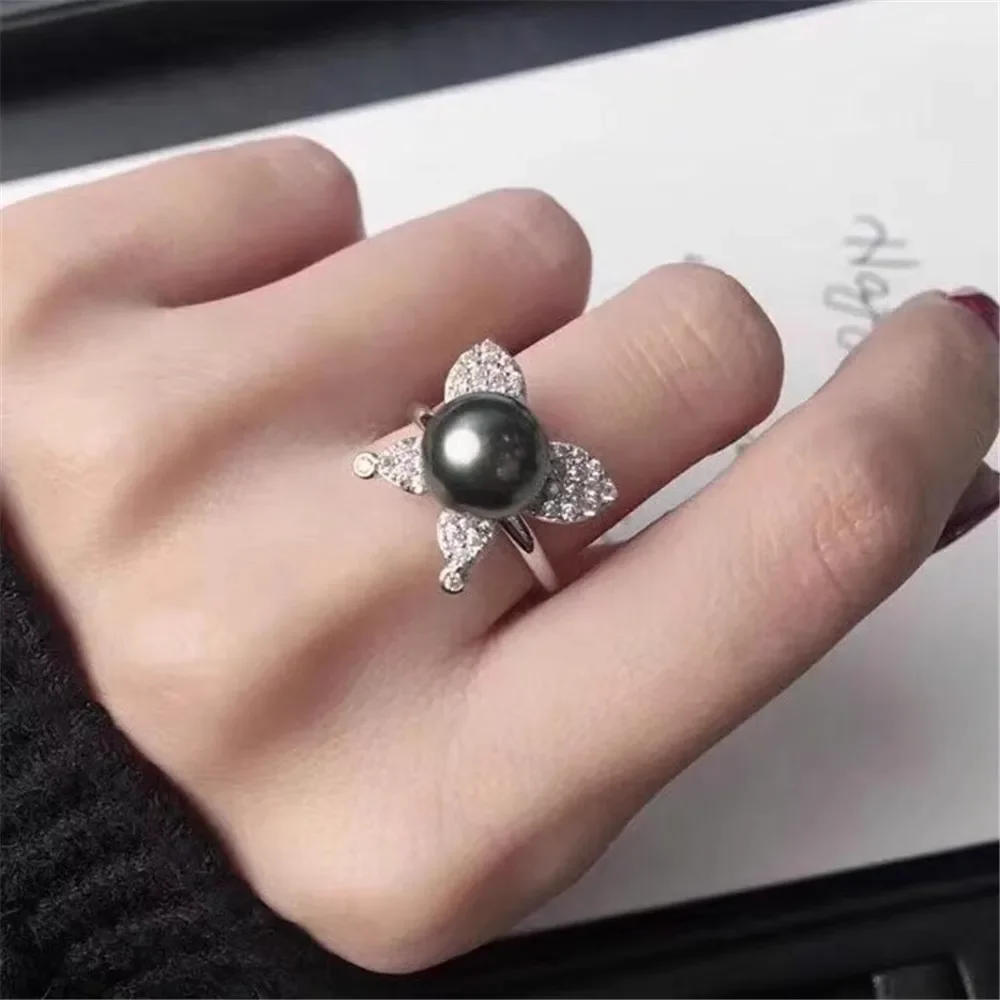

DIY Pearl Accessories 925 Silver Ring Empty Holder, Natural Pearl Fashion Ring, with 8-10mm Round Flat