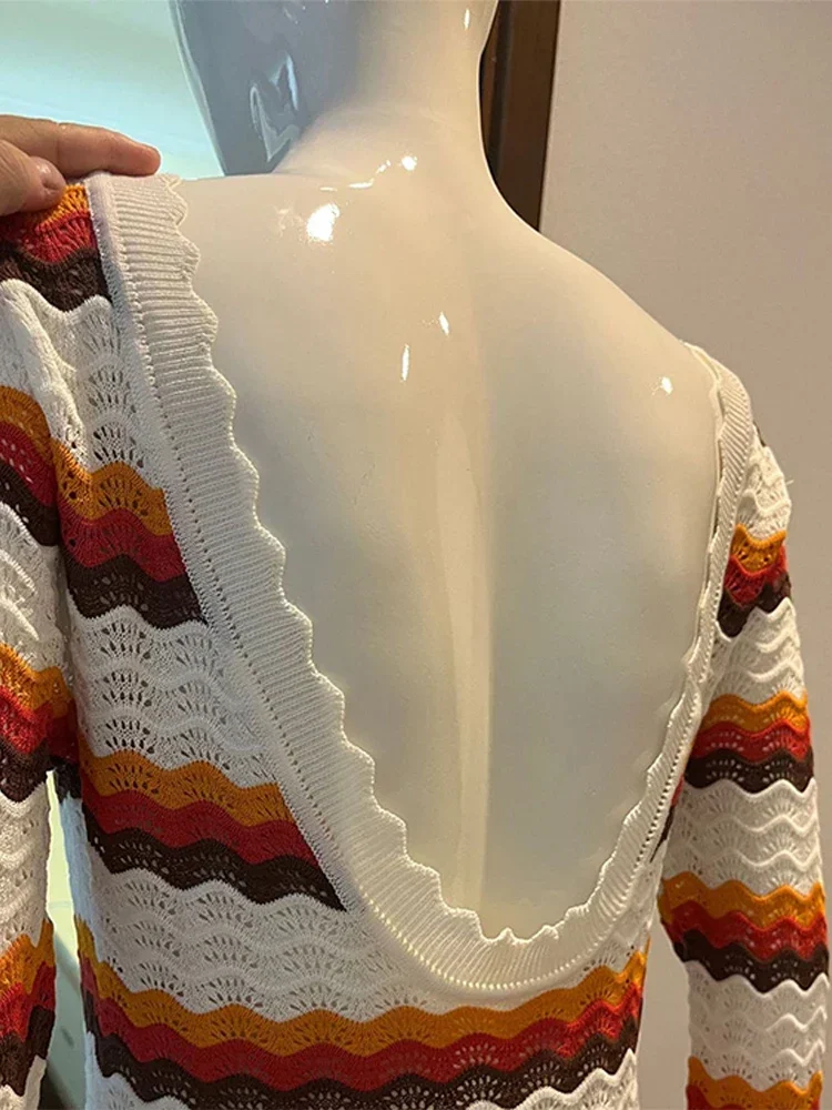 Abito lungo a righe estive lavorato a maglia abito da donna all'uncinetto con maniche svasate trasparenti abiti da festa con scollo a o Sexy abiti da strada per le vacanze al mare senza schienale