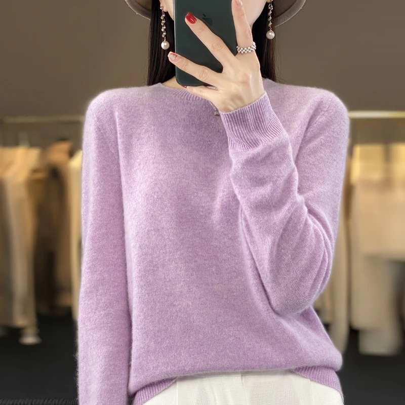 Autumn and winter 100% merino wool cashmere sweater O-neck fashion bottoming pullover casual knitted solid color long sleeve top