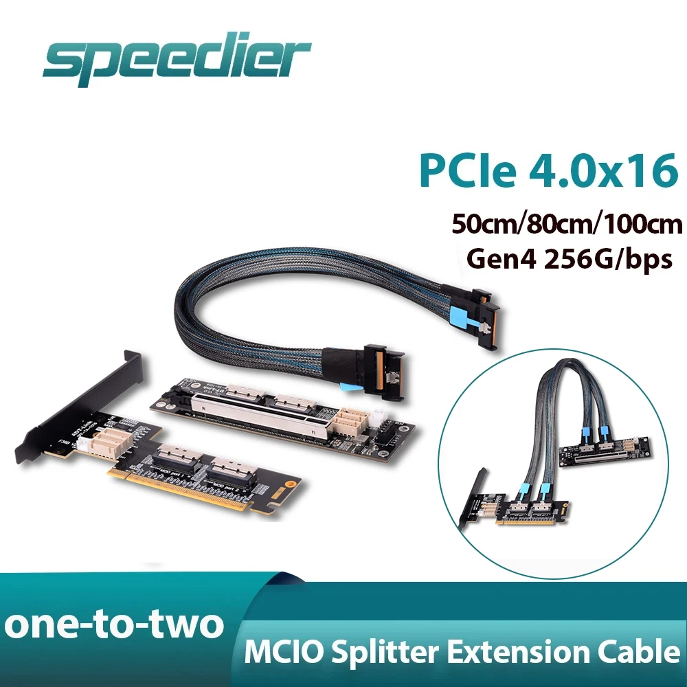 PCIe 4.0 X16 MCIO Graphics Card GPU Split Cable 1-to-2 X8 Dual Split Into X8 x8 Gen4 256G/bps Motherboard Bifurcation PCI-E 1m