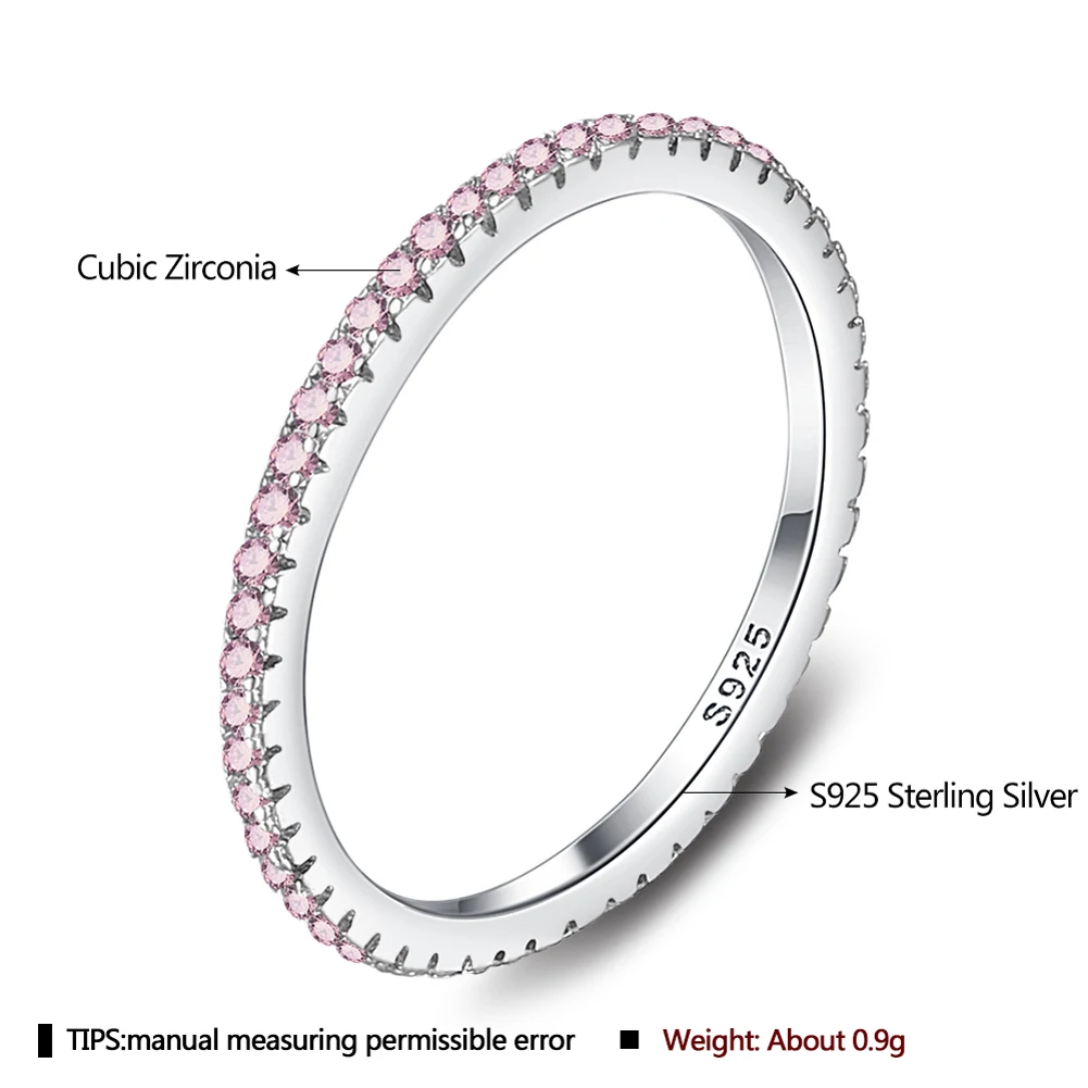 LEKANI Real 925 Sterling Silver Pink Rainbow Crystal Wedding Party Female Rings  Simple  Zirconia Round Fine Original Jewelry