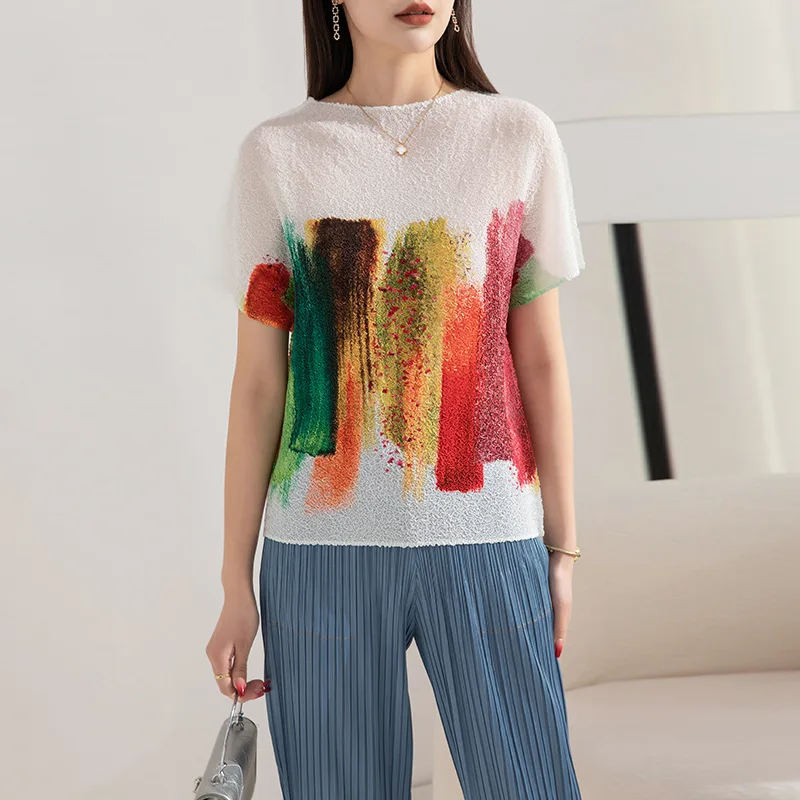 Pleated Multicolour Shirt Women 2024 Summer New Crewneck Patchwork Color Short Sleeve T-shirt Breathable Soft Tops Round Neck Lo
