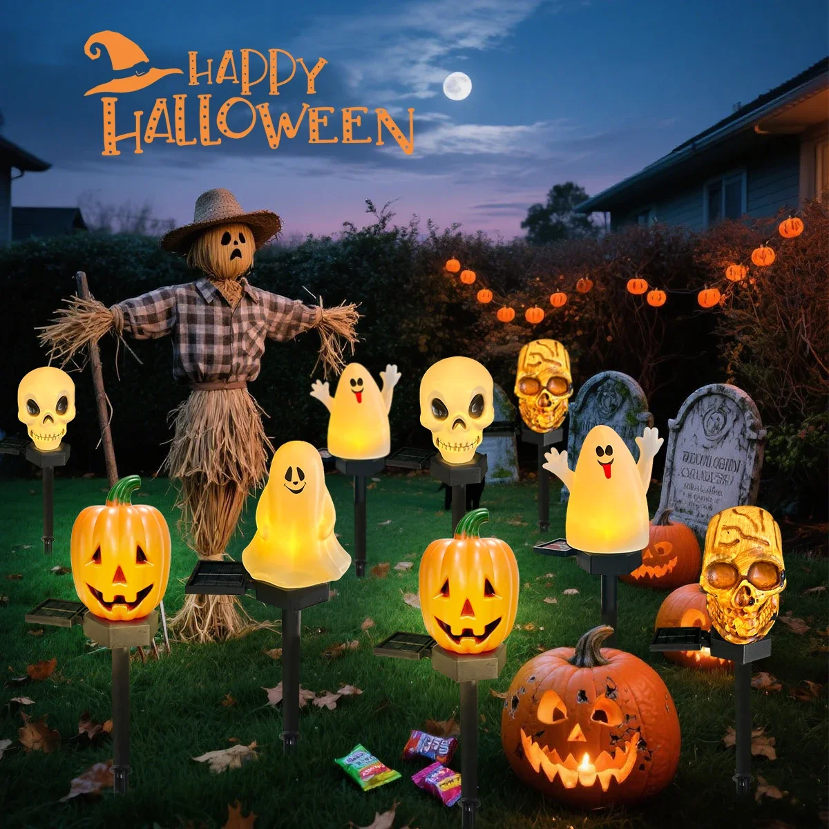 Pop 1pc Spooky Halloween Stake Light Pumpkin & Skeleton & Ghost Garden Waterproof Path Light Solar Powered For Home Yard Patry D