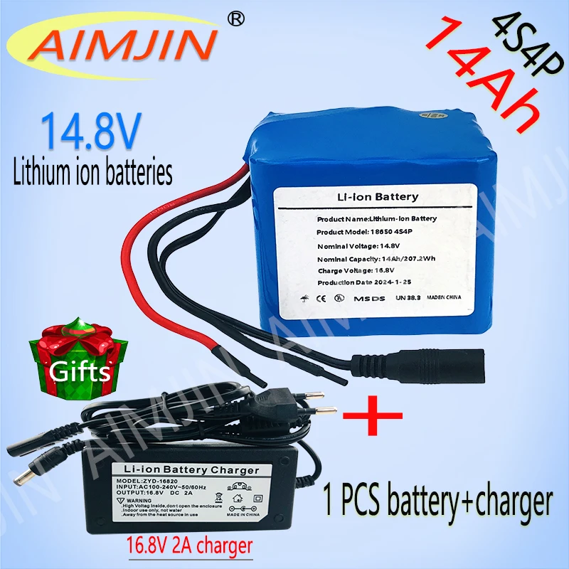 

New 14.8V 14Ah 18650 4S4P Lithium Battery Pack 118W For LED Night Fishing Lamp Heater Miner Lamp Amplifier Cell+16.8V 2A Charger