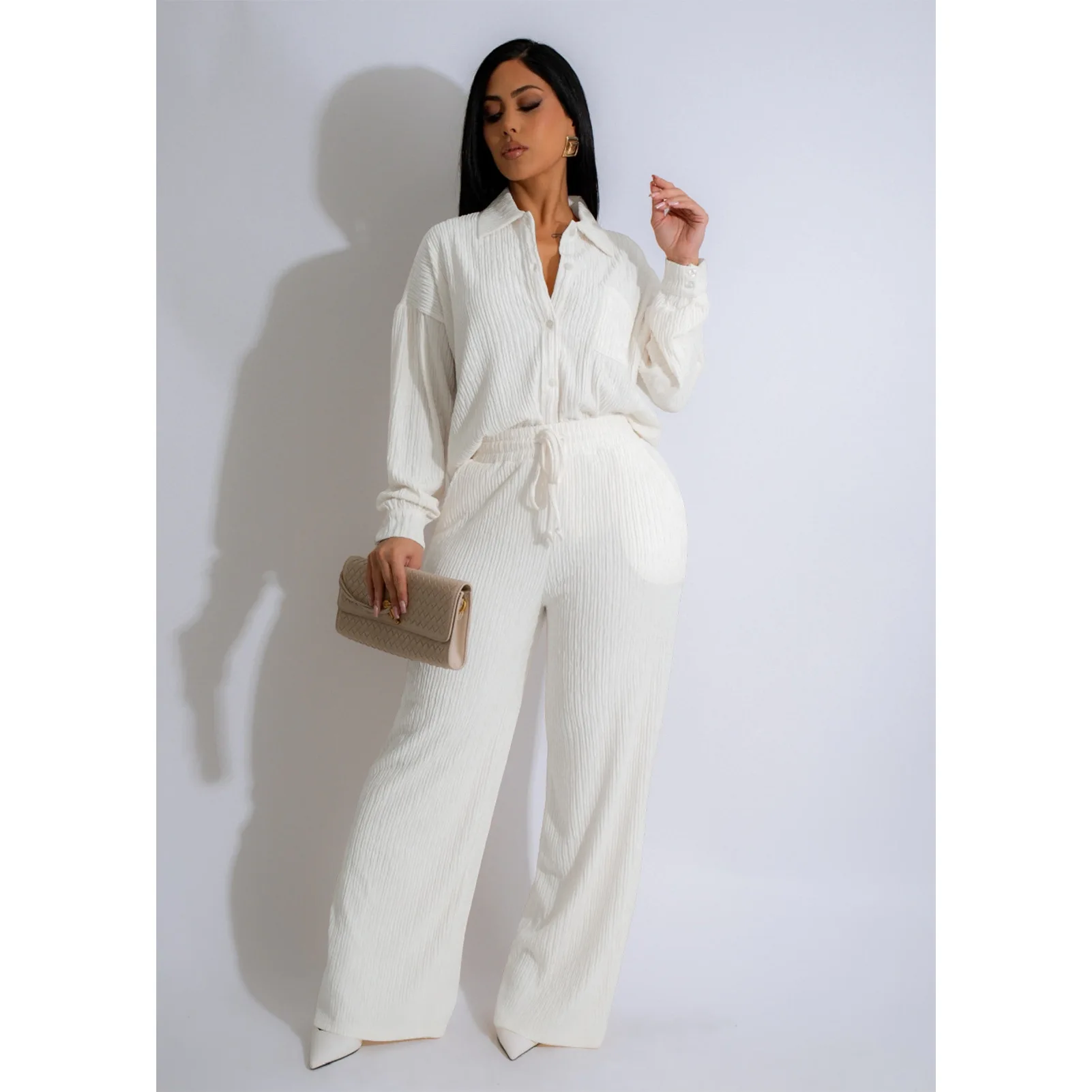 Women's Two-piece Solid Color Lapel Long Sleeved Elastic Wrinkling Strap Multi Pocket Swing Leg Pants Wide Leg Pants Set