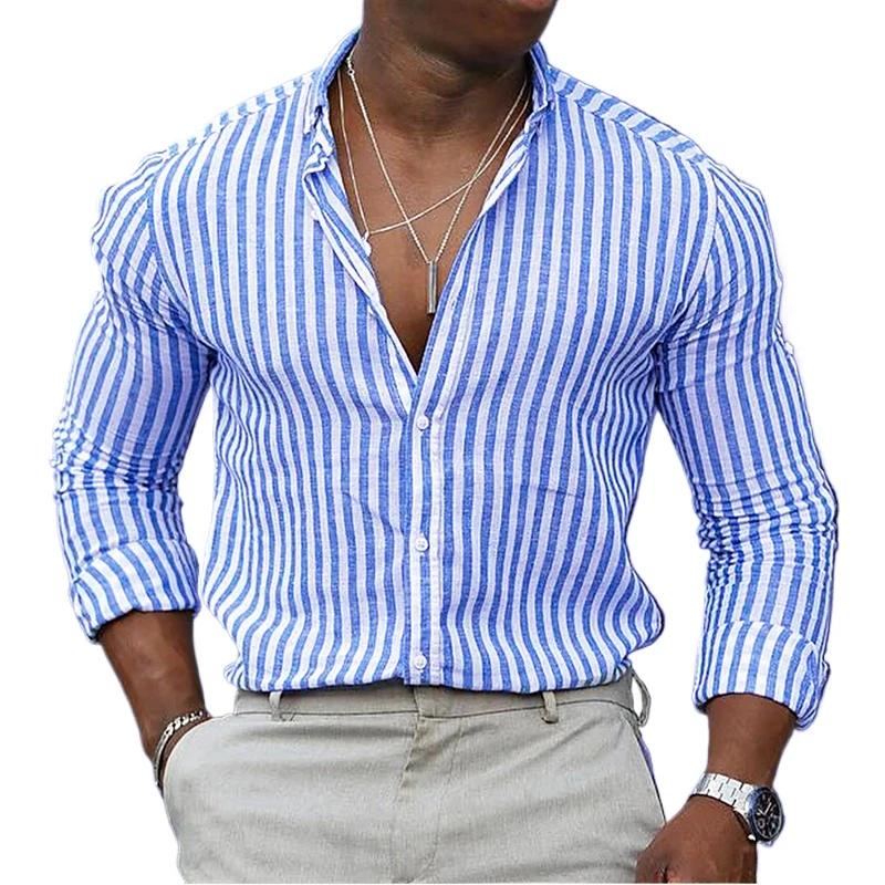 New mens Stripe Shirt Long Sleeve Printing Breathable T Shirts Lapel Basic Shirts for Men Lightweight Hawaiian Shirt Streetwear