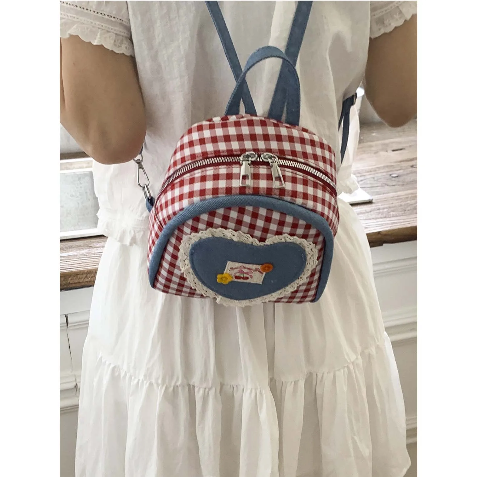 

2025 New Versatile Small Backpack Plaid Cute Plaid Tote Bag for Girls Traveling Korean Lace Academy