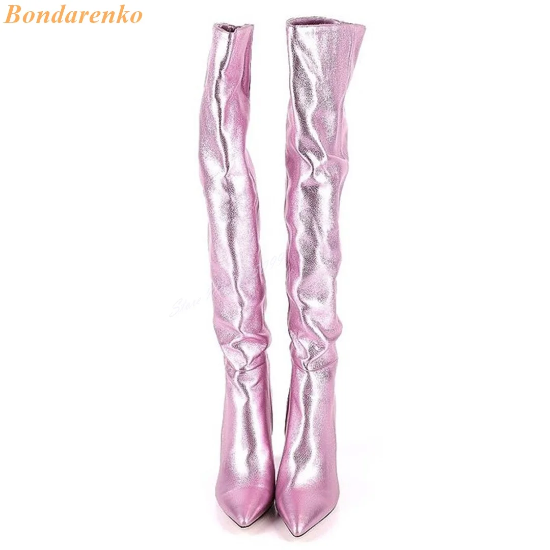 Glitter Pink Thigh High Boots Pointy Toe Stiletto Heels Solid Zipper Long Boots Women Sexy Shoes New Style Winter Party Fashion