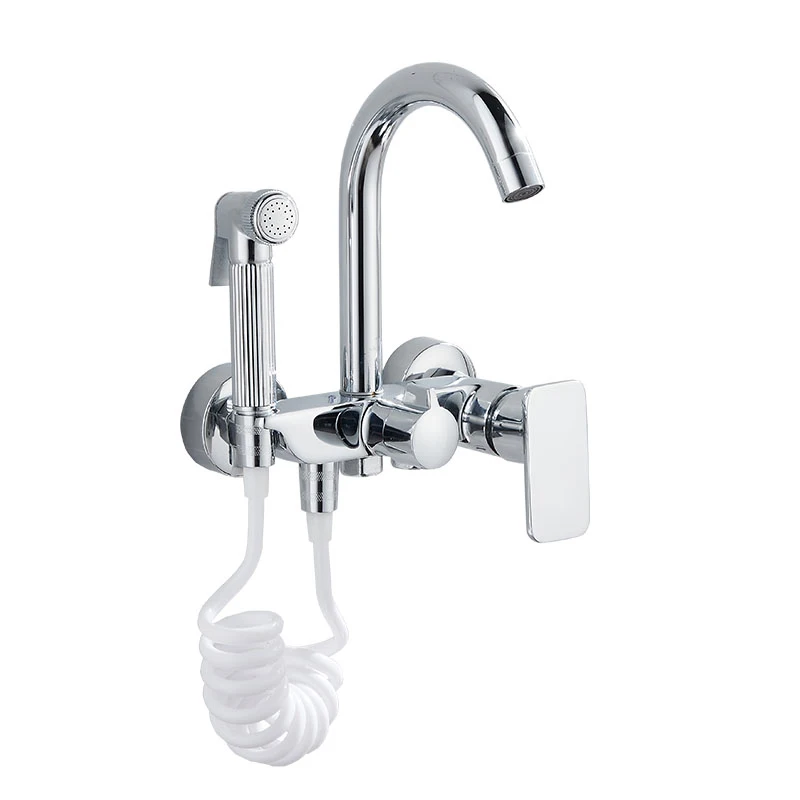 LANGYO Kitchen Vessel Sink Faucet Cold Hot Pull Out Spray Gun Wall Mount Chrome Taps Solid Brass Faucets